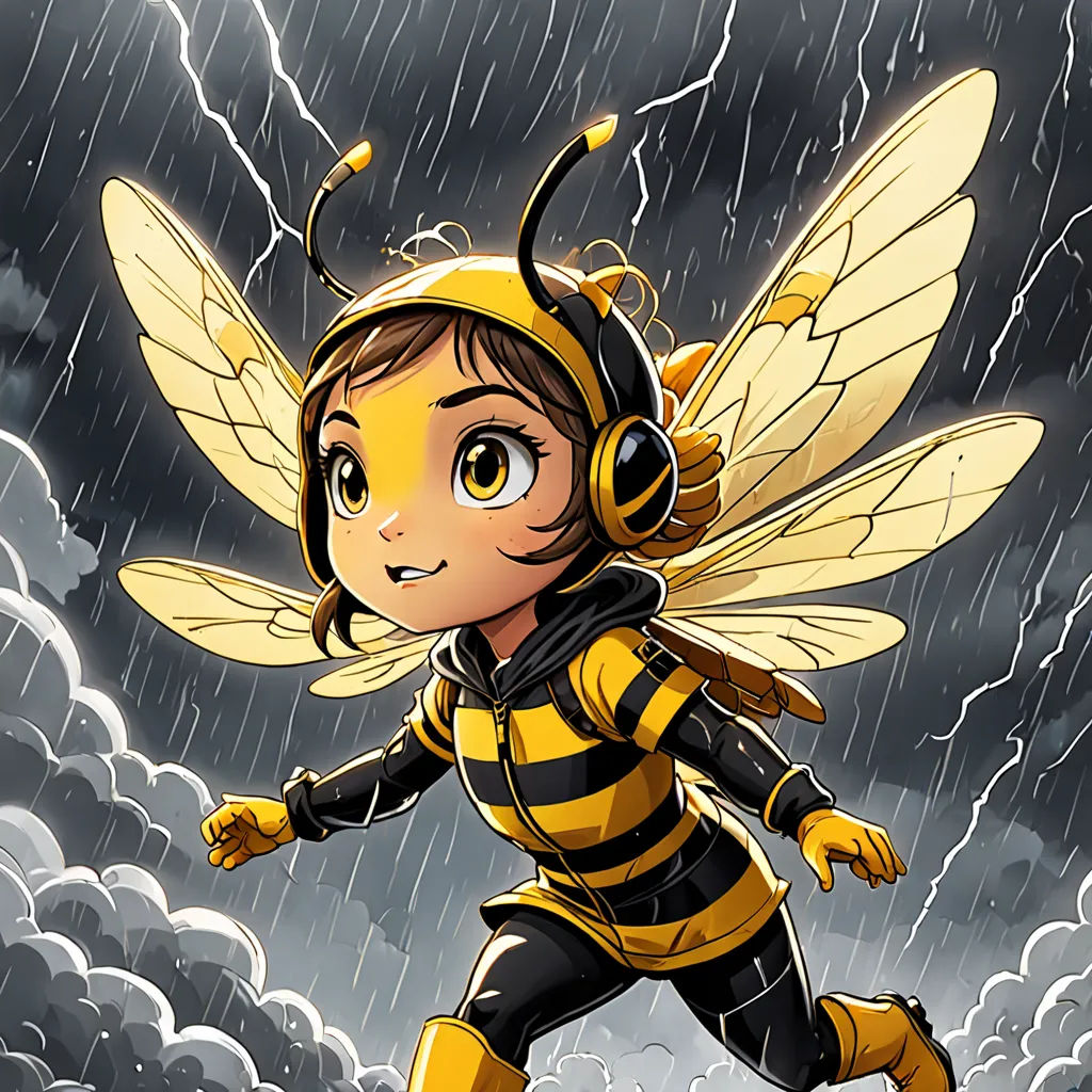 a cartoon character dressed as a bee flying through the air in a rain storm with headphones on and a rain cloud behind her, Artgerm, fantasy art, a comic book panel, comic cover art