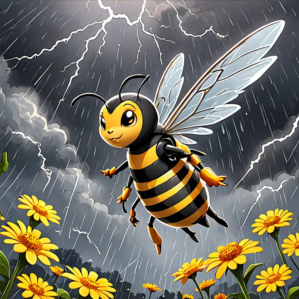 a cartoon bee flying in the rain with a storm in the background and yellow flowers in the foreground, Cyril Rolando, pop surrealism, a storybook illustration, league of legends splash art