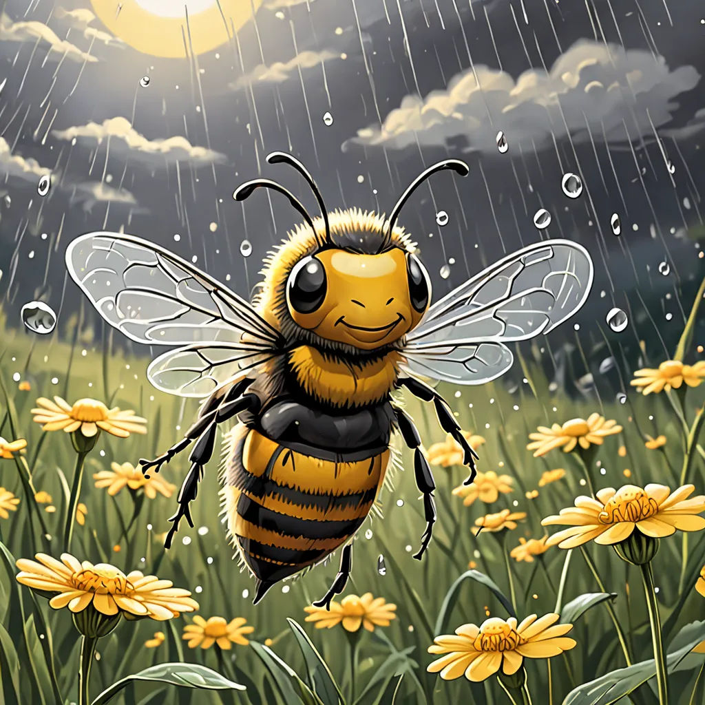 a bee is flying in the rain with yellow flowers in the foreground and a full moon in the background, Chris LaBrooy, fantasy art, a storybook illustration, trending on art station