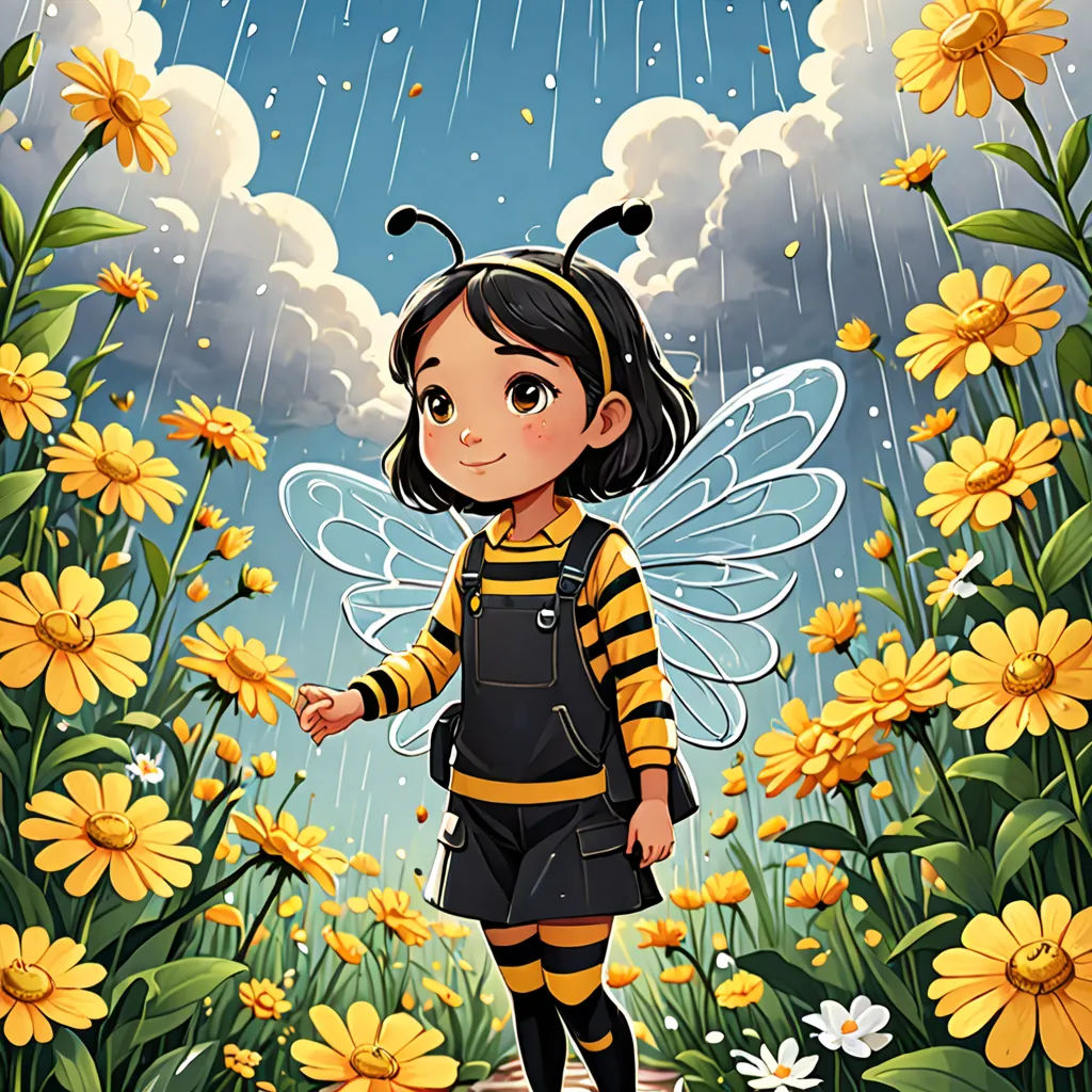 a cartoon girl dressed as a bee standing in a field of flowers with rain falling down on her head, Cliff Childs, fantasy art, a storybook illustration, trending on art station