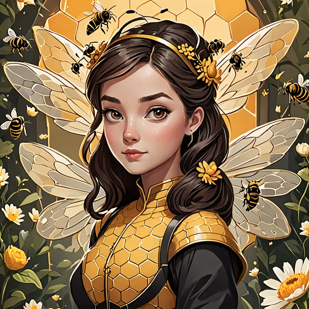 a woman in a bee costume surrounded by bees and flowers with a honeycomb in the background and a bee on her head, Artgerm, fantasy art, a character portrait, fantasy character portrait