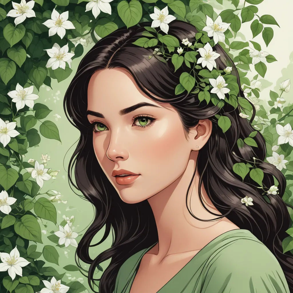 a woman with long hair and flowers in her hair, wearing a green dress and a wreath of leaves, fantasy art, a character portrait, Charlie Bowater, highly detailed digital painting