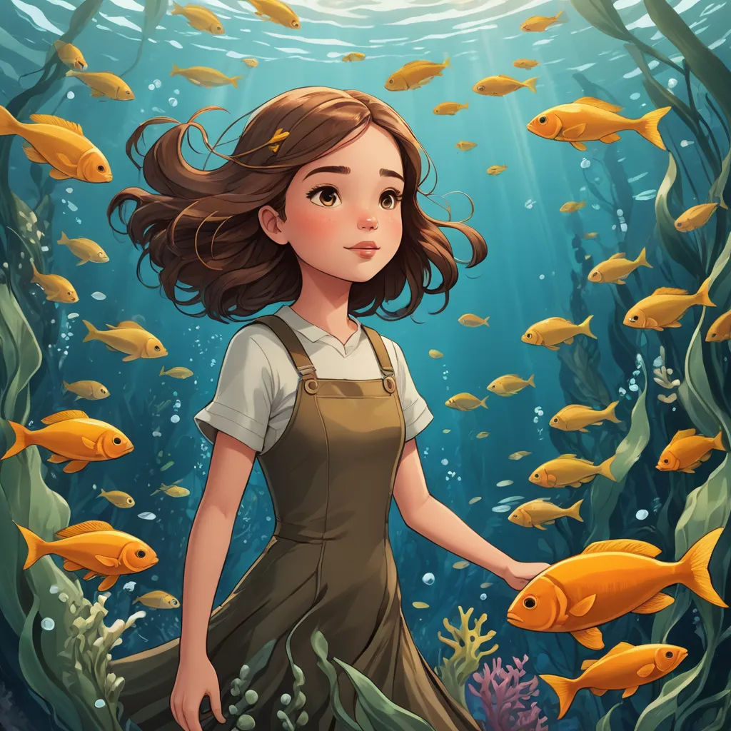 a girl in a dress standing in a sea with fish around her and looking at the camera with a smile, fantasy art, a storybook illustration, Cyril Rolando, trending on art station