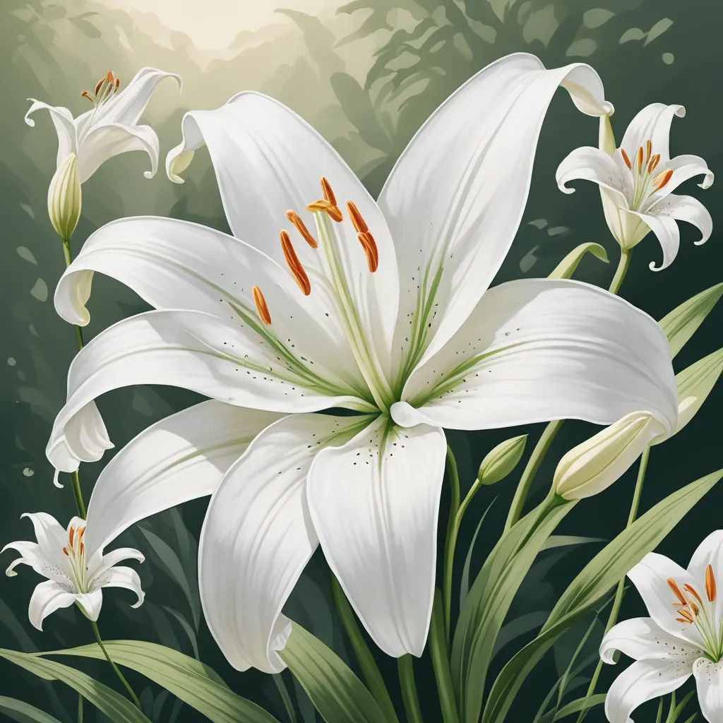a painting of white lilies in a garden with green foliage and a yellow background with a white bird, gothic art, a digital painting, Anne Stokes, flowers
