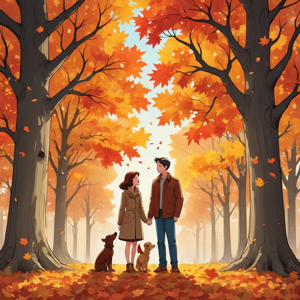 a man and woman holding hands while standing in a forest with a dog on a leash in front of them, american scene painting, a storybook illustration, Atey Ghailan, autumn