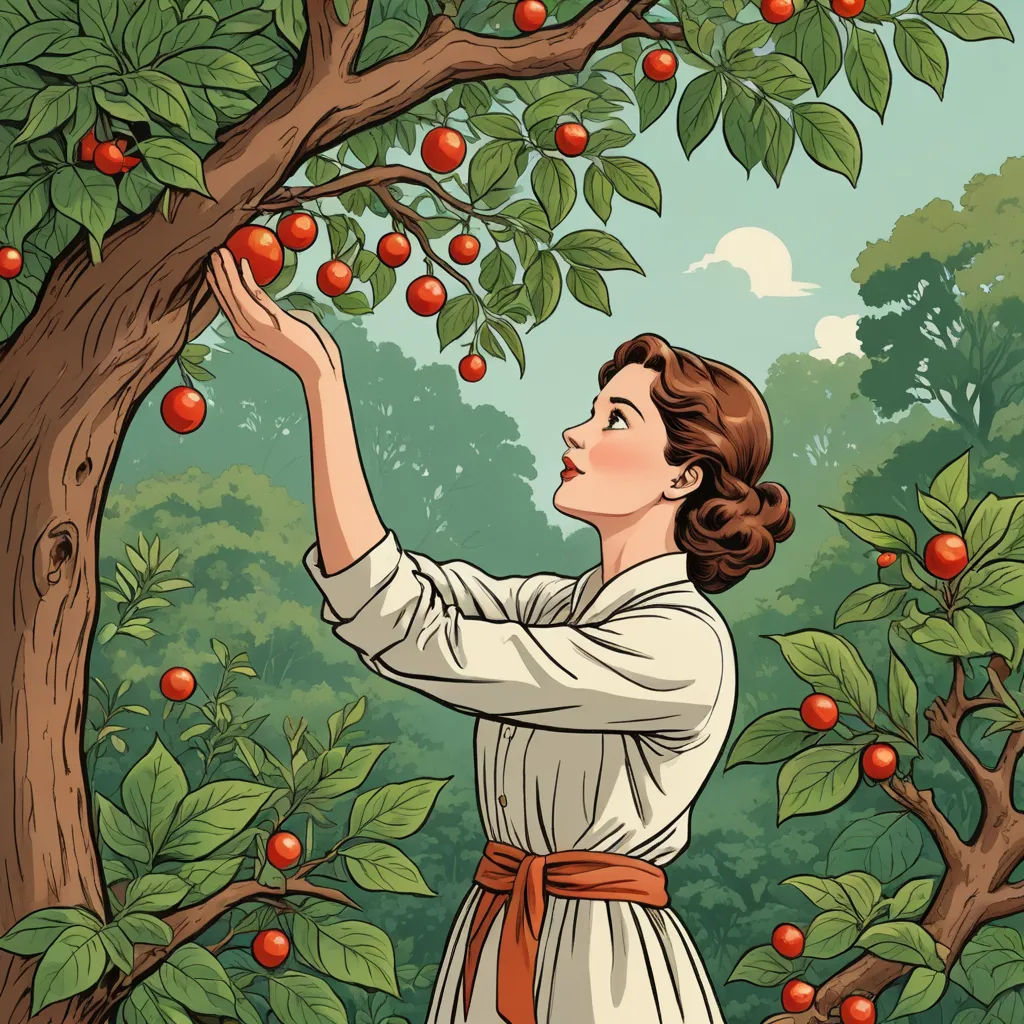 a woman picking apples from a tree in a forest with lots of leaves and fruit on it, with a sky background, synthetism, an illustration of, Coles Phillips, high detail illustration