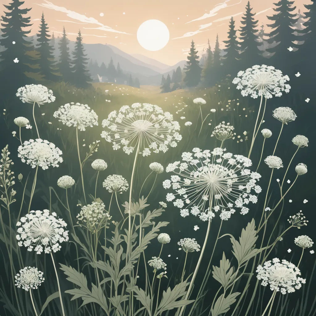 a painting of a field of flowers with a sunset in the background and a forest with trees and a hill, environmental art, a storybook illustration, Claire Hummel, highly detailed digital painting