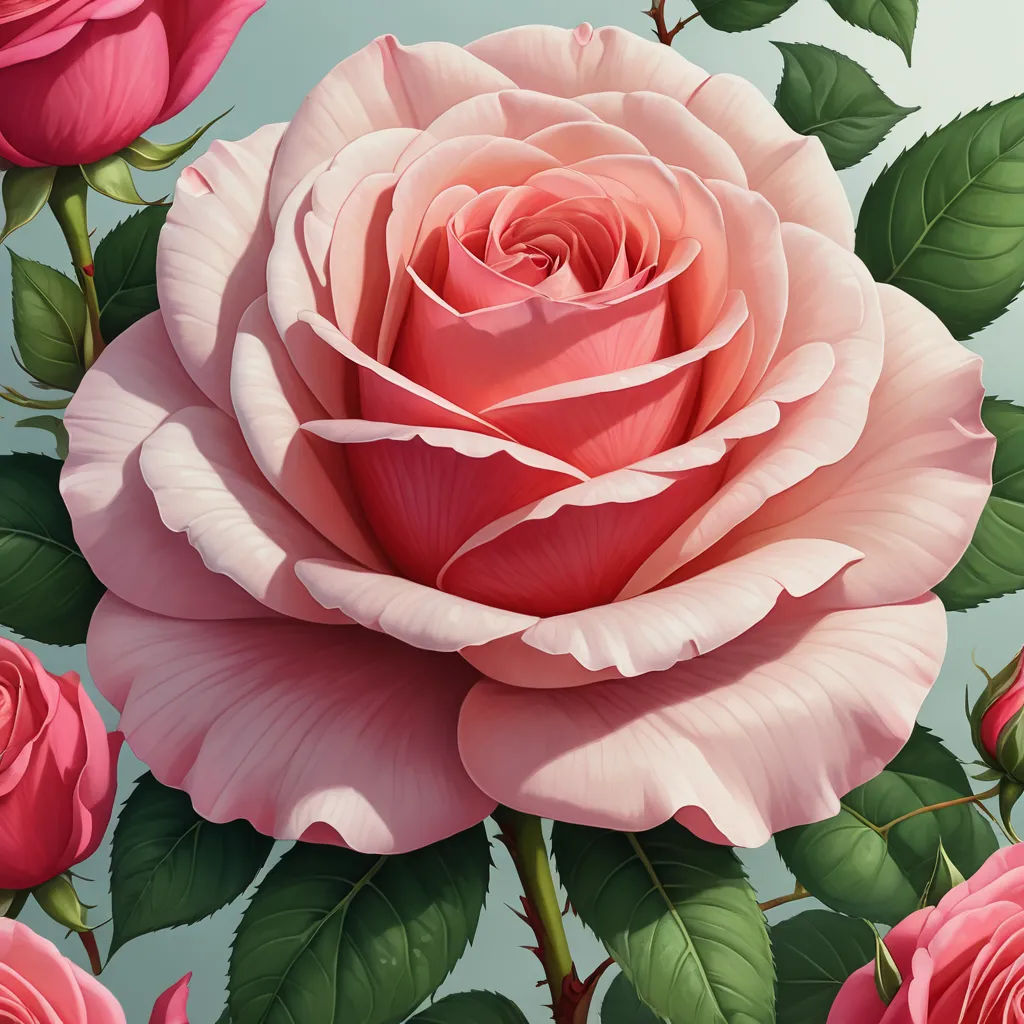 a pink rose with green leaves on a blue background with a white background and a light pink rose with green leaves, rococo, a detailed painting, Arie Smit, highly detailed digital painting