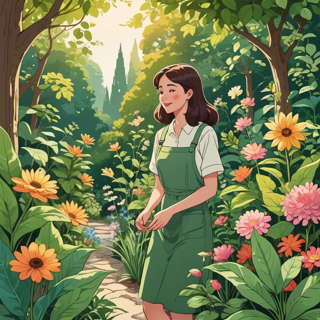 a woman in a green dress standing in a garden with flowers and trees around her, looking at the ground, naturalism, a storybook illustration, Choi Buk, comic cover art
