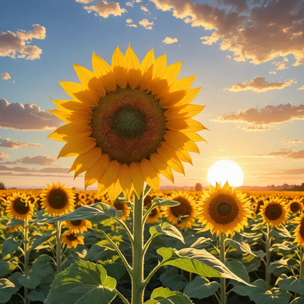 a sunflower in a field with the sun setting in the background and clouds in the sky above it, color field, a stock photo, Art Green, sun