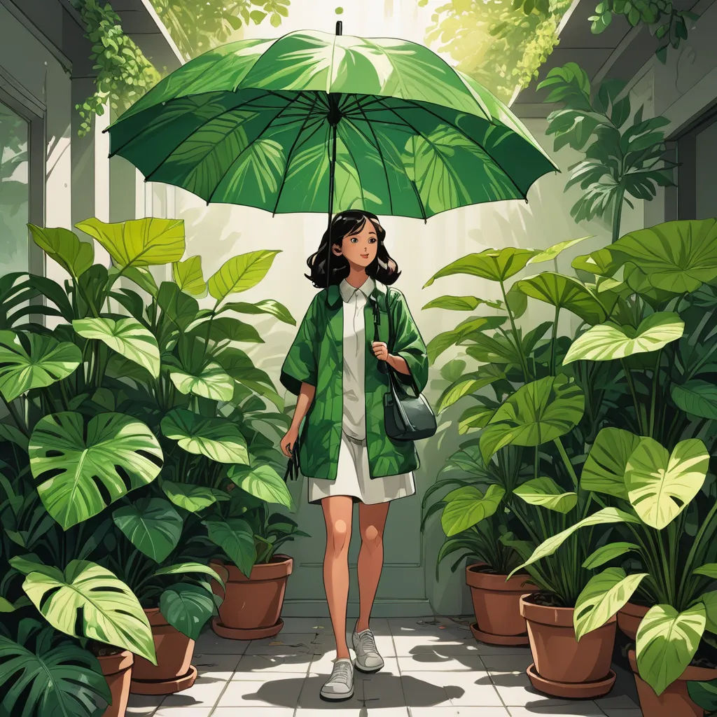 a woman holding an umbrella in a greenhouse filled with plants and potted plants, while standing in front of a green plant, environmental art, a painting, Atey Ghailan, rossdraws global illumination