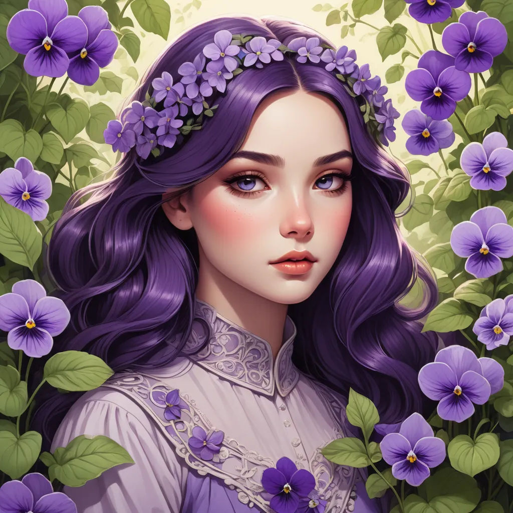 a painting of a woman with purple hair and flowers in her hair, wearing a purple dress and a wreath of purple flowers, fantasy art, a detailed painting, Charlie Bowater, purple