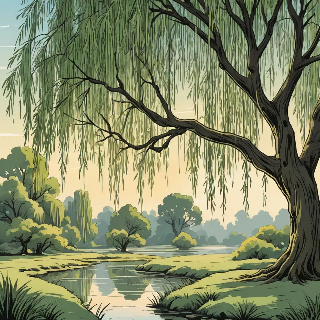 a painting of a tree and a river in a park with grass and trees around it, with a sky background, american scene painting, a storybook illustration, Chris LaBrooy, storybook illustration