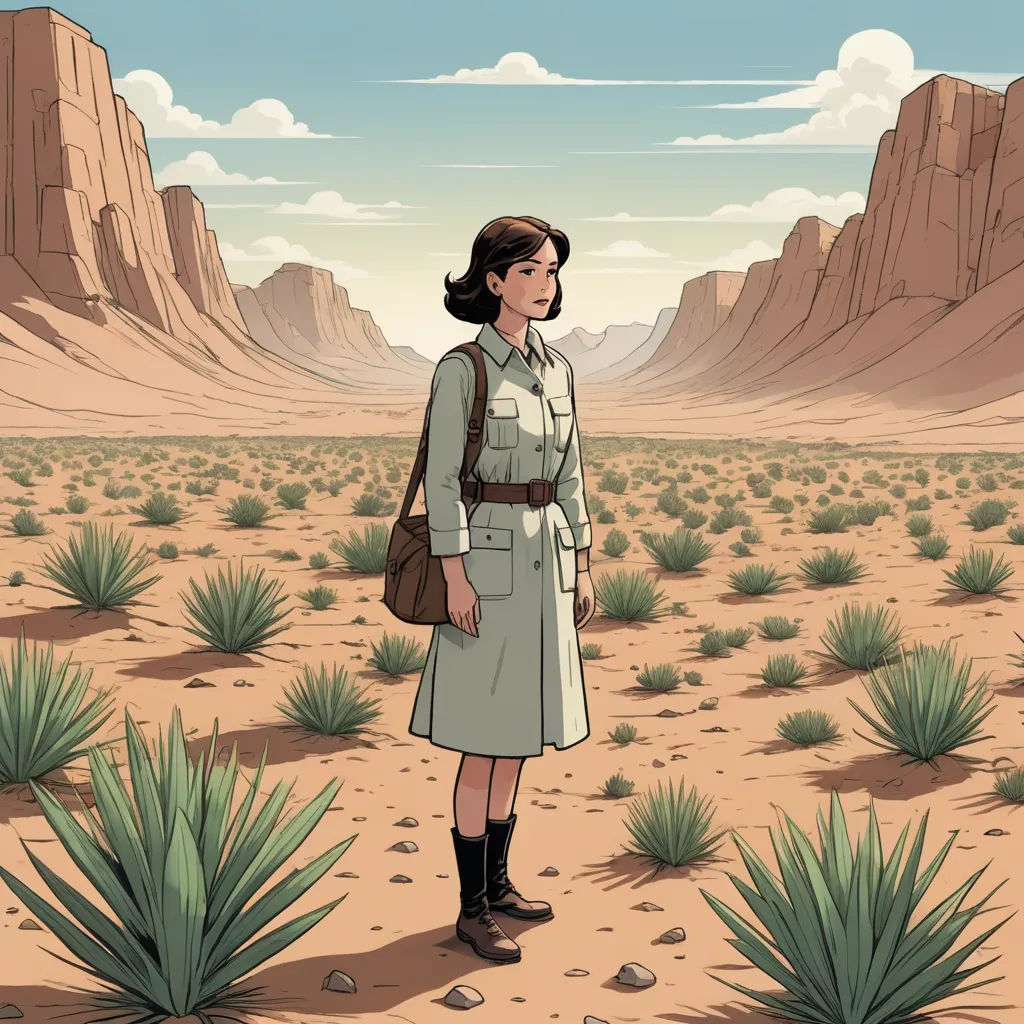 a woman in a desert scene with a desert background and mountains in the background, with a desert scene in the foreground, serial art, a comic book panel, Asaf Hanuka, graphic novel