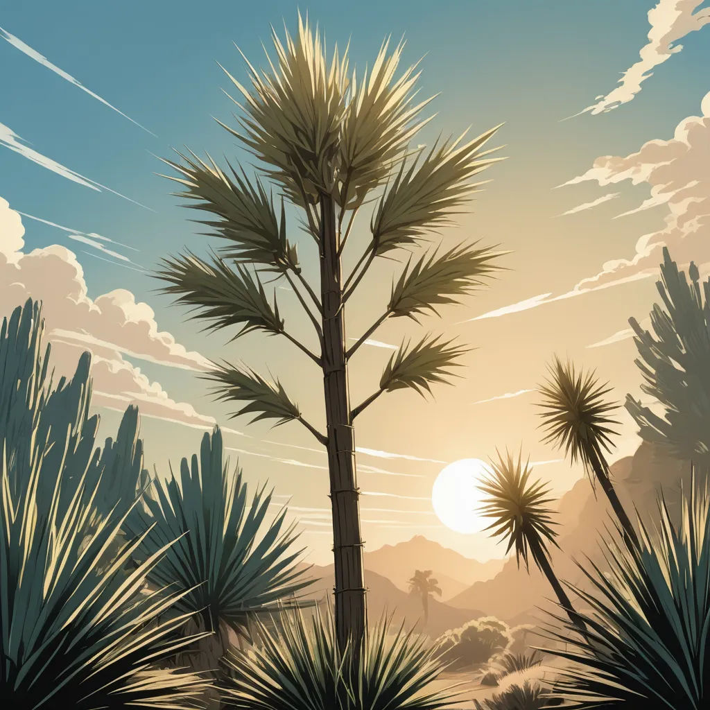 a painting of a palm tree in a desert setting with a sun in the background and clouds in the sky, american scene painting, a detailed matte painting, Dan Mumford, laurie greasley