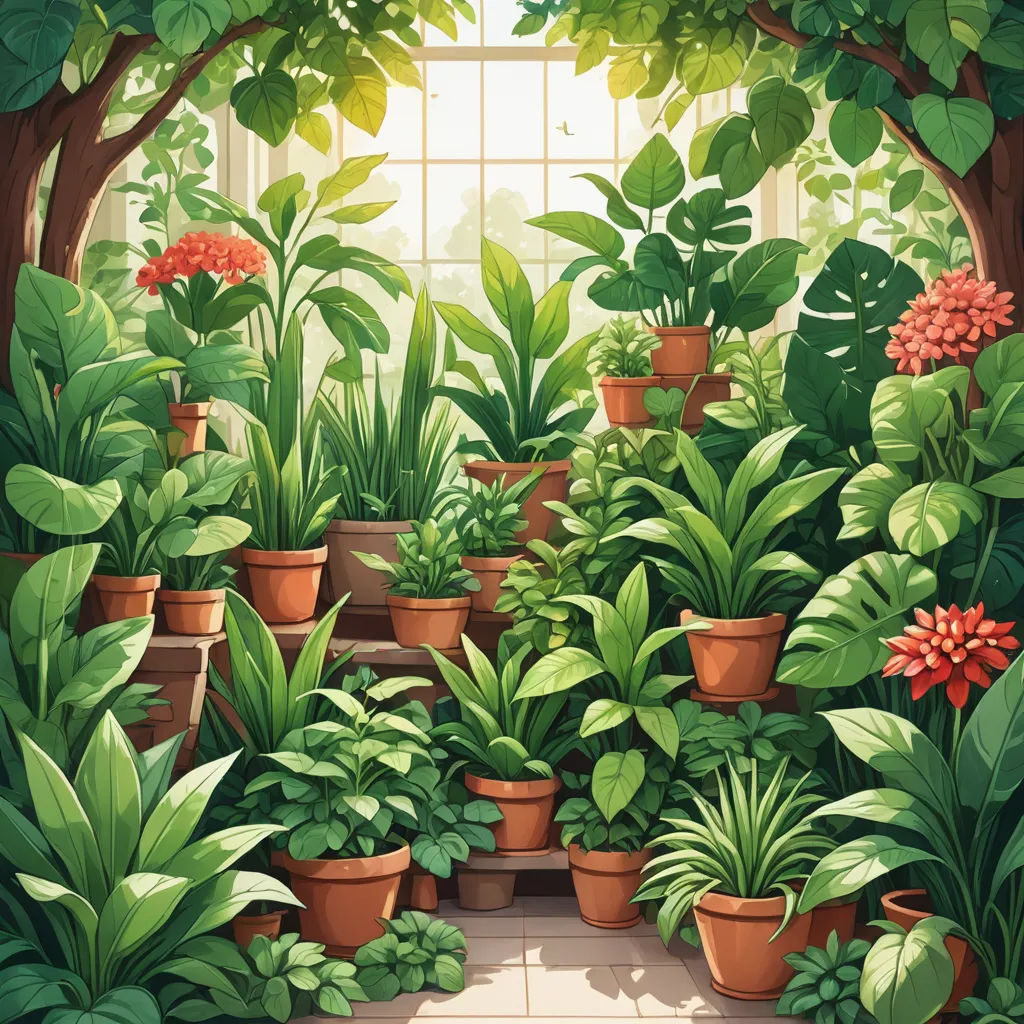 a painting of a garden with potted plants and a window in the background with sunlight coming through the window, environmental art, a storybook illustration, Anne Said, plants