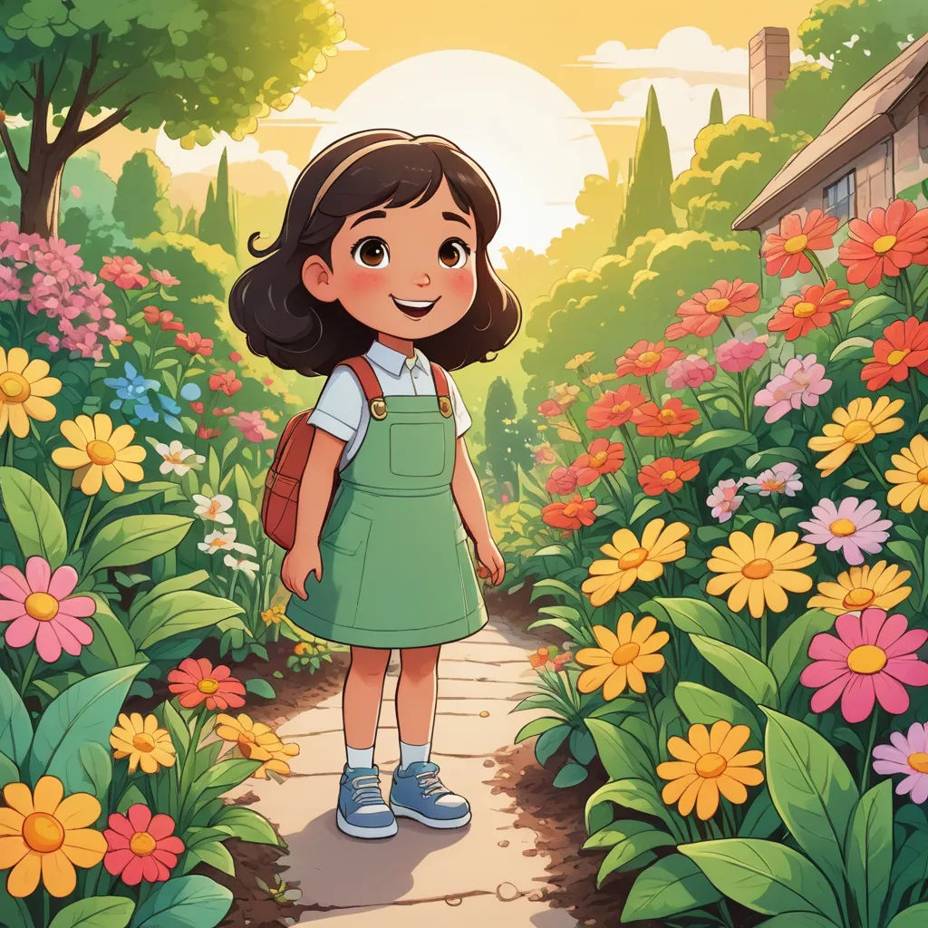 a girl standing in a garden with flowers and a house in the background with a sun in the sky, process art, a storybook illustration, Cliff Childs, promotional image