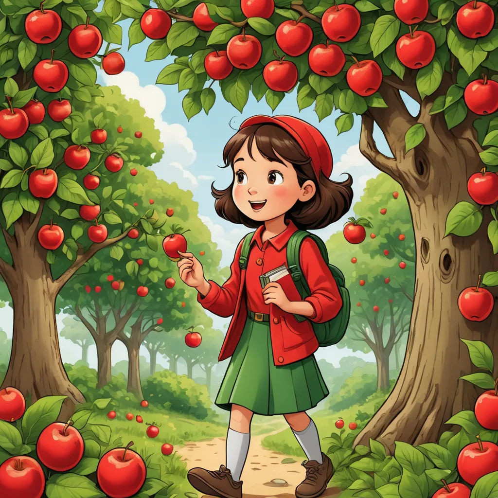 a girl in a red jacket is standing in a forest with apples on the trees and a path leading to the apple trees, precisionism, a storybook illustration, Evaline Ness, storybook illustration