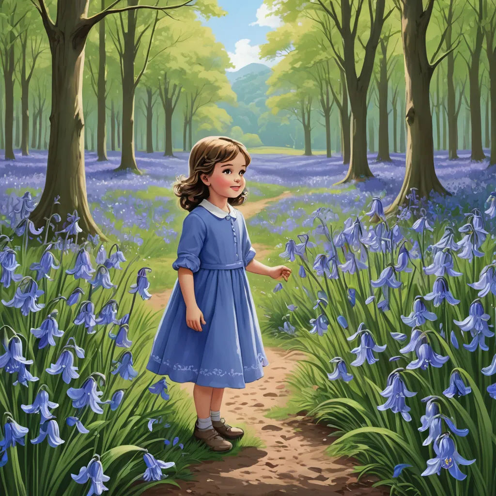 a painting of a little girl in a blue dress in a blue forest with bluebells and trees, fantasy art, a storybook illustration, Arthur Hughes, storybook illustration