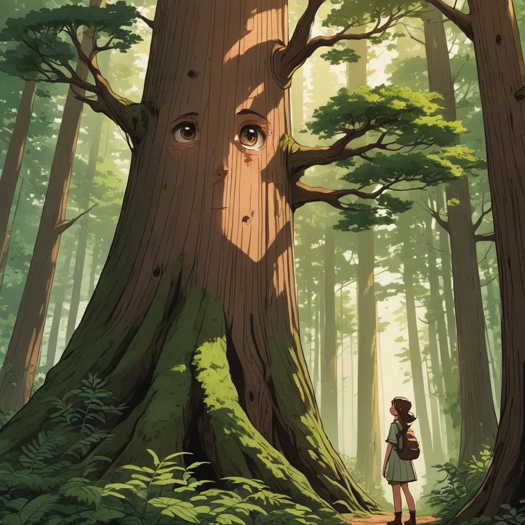 a girl standing in front of a giant tree in a forest with a giant tree trunk and a giant face, environmental art, a storybook illustration, Atey Ghailan, ghibli