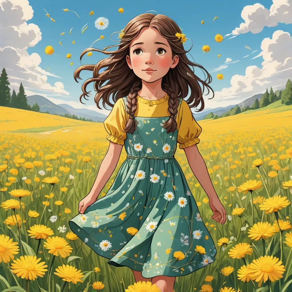 a girl in a field of flowers with a sky background and clouds above her is a sunflower field, fantasy art, a storybook illustration, Alice Prin, trending on art station