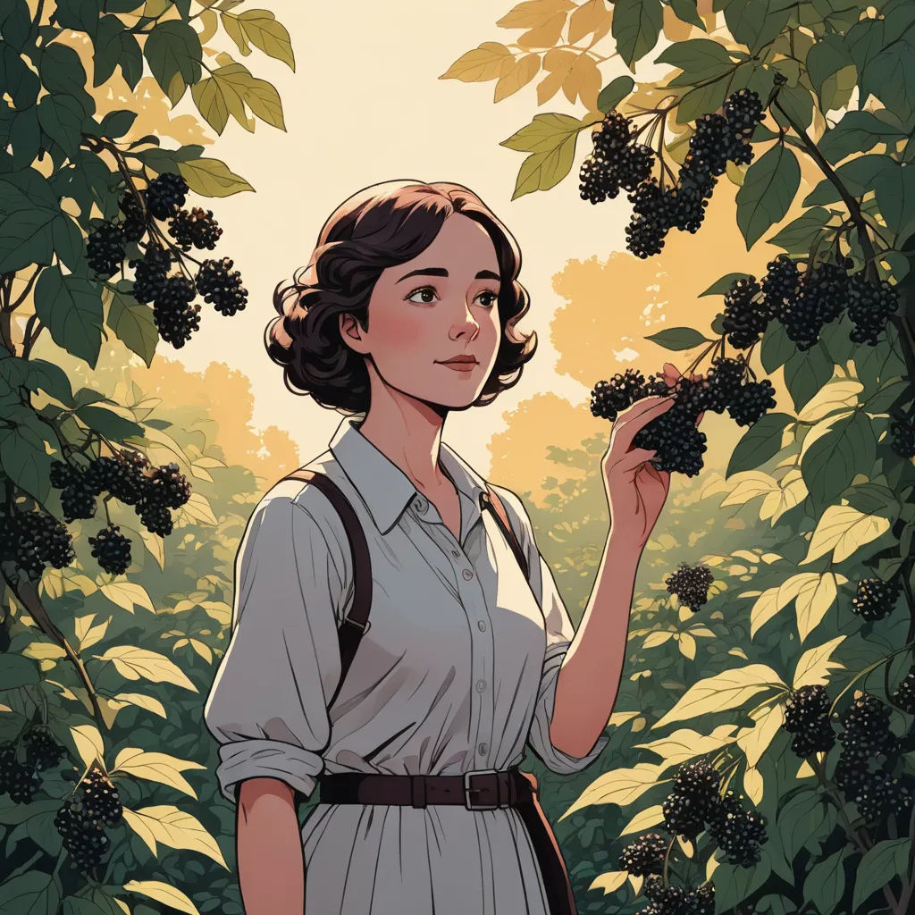 a woman holding a bunch of berries in her hand and looking at the camera with a smile on her face, harlem renaissance, a character portrait, Atey Ghailan, comic cover art