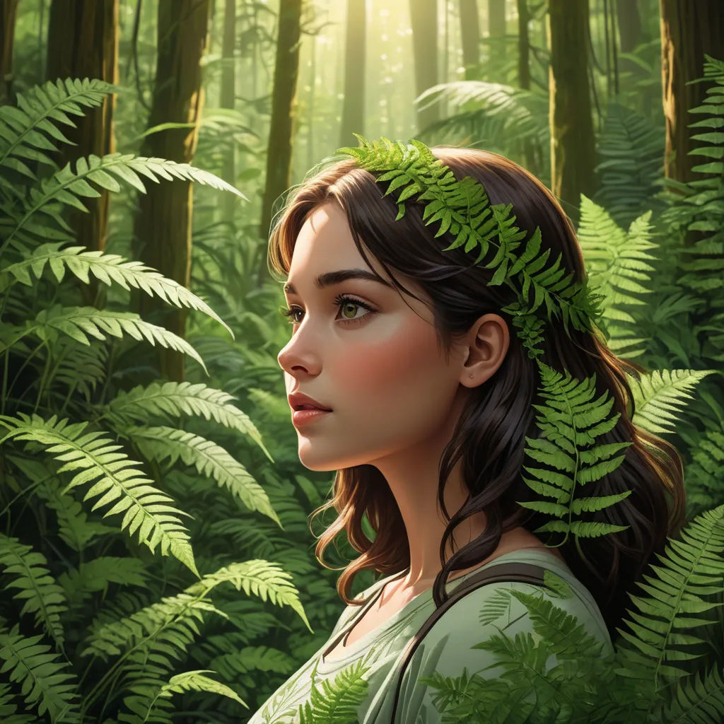 a woman with a green leaf in her hair in a forest of ferns and ferns, looking to the side, fantasy art, a digital painting, Charlie Bowater, rossdraws global illumination