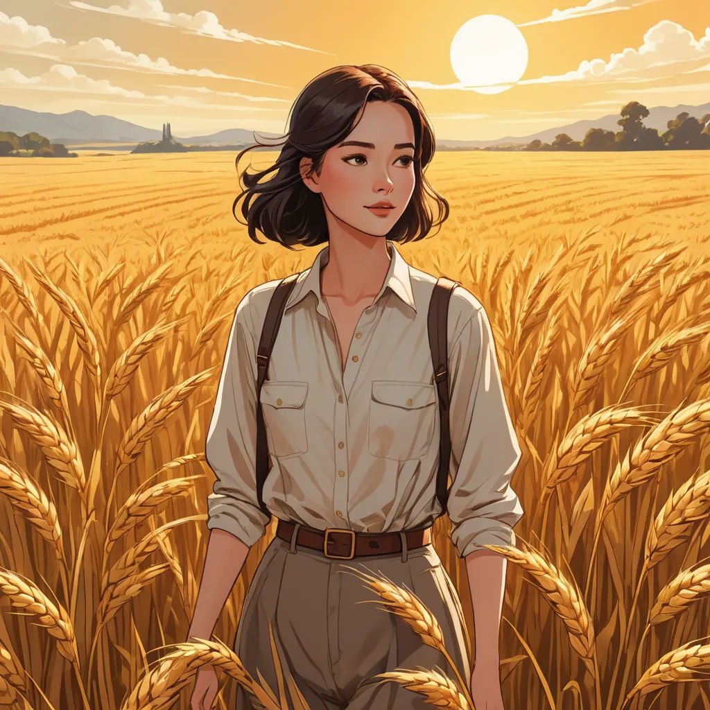 a woman standing in a field of wheat with a sunset in the background and a sky with clouds above her, color field, a comic book panel, Atey Ghailan, rossdraws global illumination