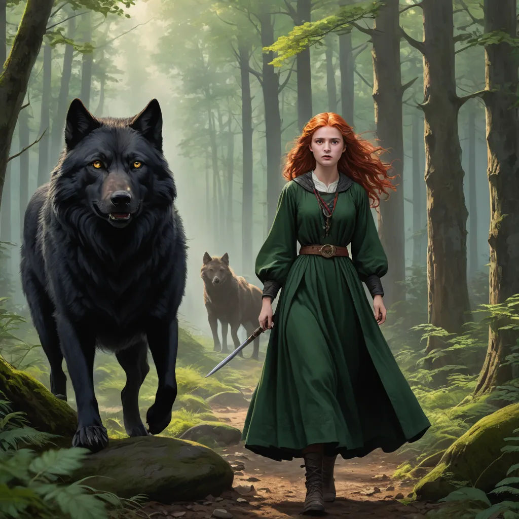 a woman in a green dress walking with a wolf in a forest with trees and rocks on either side, fantasy art, concept art, Dirk Crabeth, official art