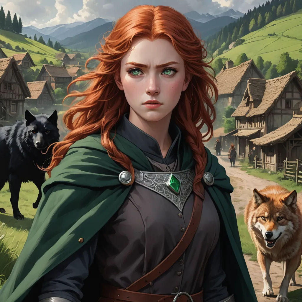 a woman with red hair and a green cape standing in front of a wolf and a village with houses, fantasy art, a character portrait, Clint Cearley, epic fantasy character art