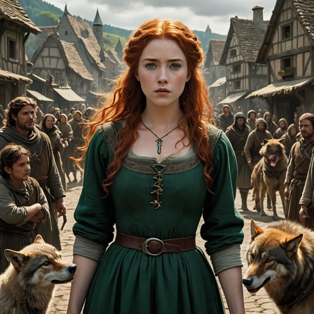 a woman in a green dress standing in front of a crowd of people and dogs in a village with a wolf, antipodeans, a detailed matte painting, Anne Said, promotional image