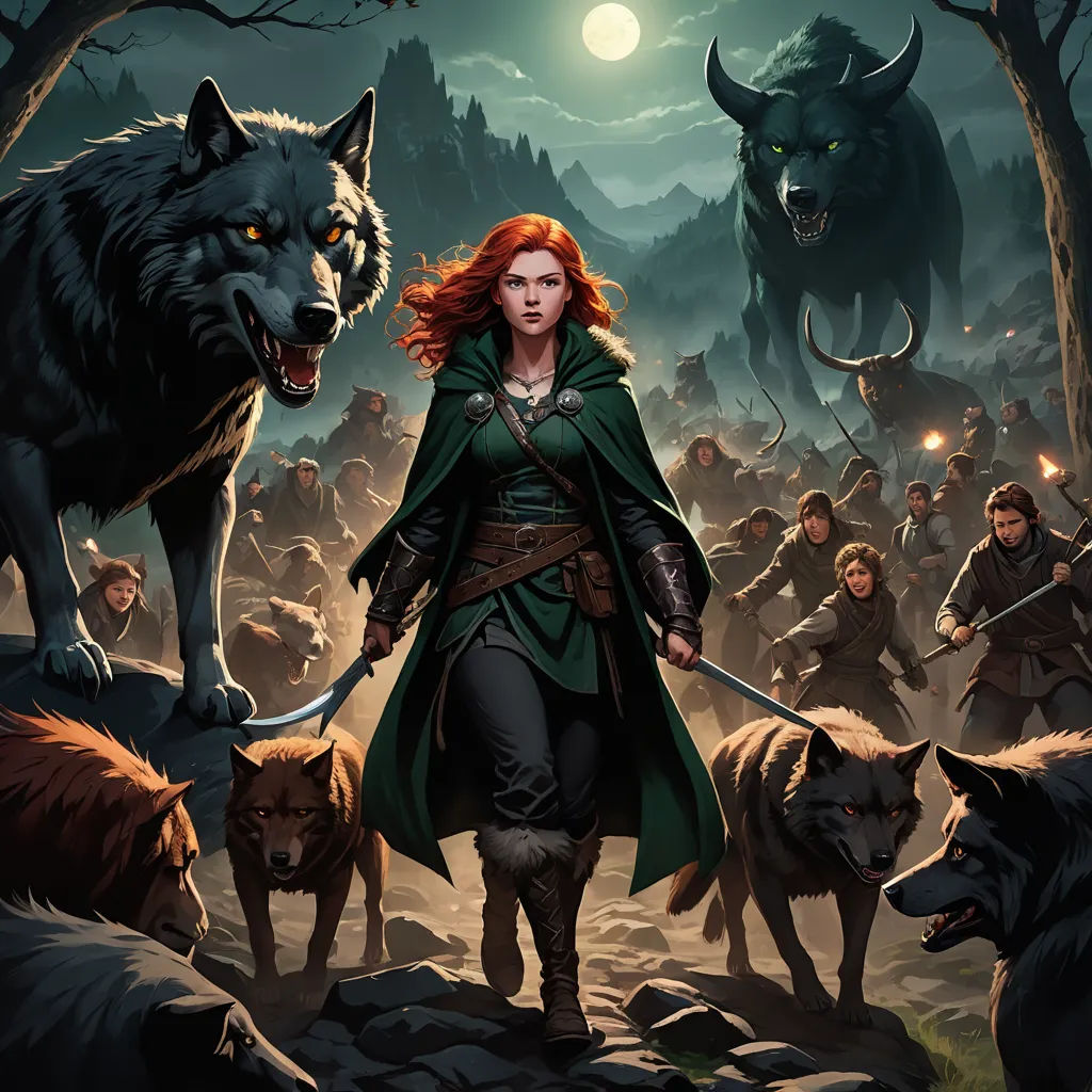 a woman in a green coat and a wolf on a path with other people in the background and a full moon, fantasy art, concept art, Chris Rallis, magic the gathering artwork