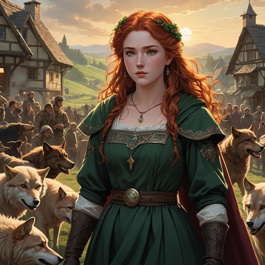 a woman in a green dress standing in front of a herd of wolfs in a village with a red haired girl, fantasy art, a detailed painting, Chris Rahn, epic fantasy character art