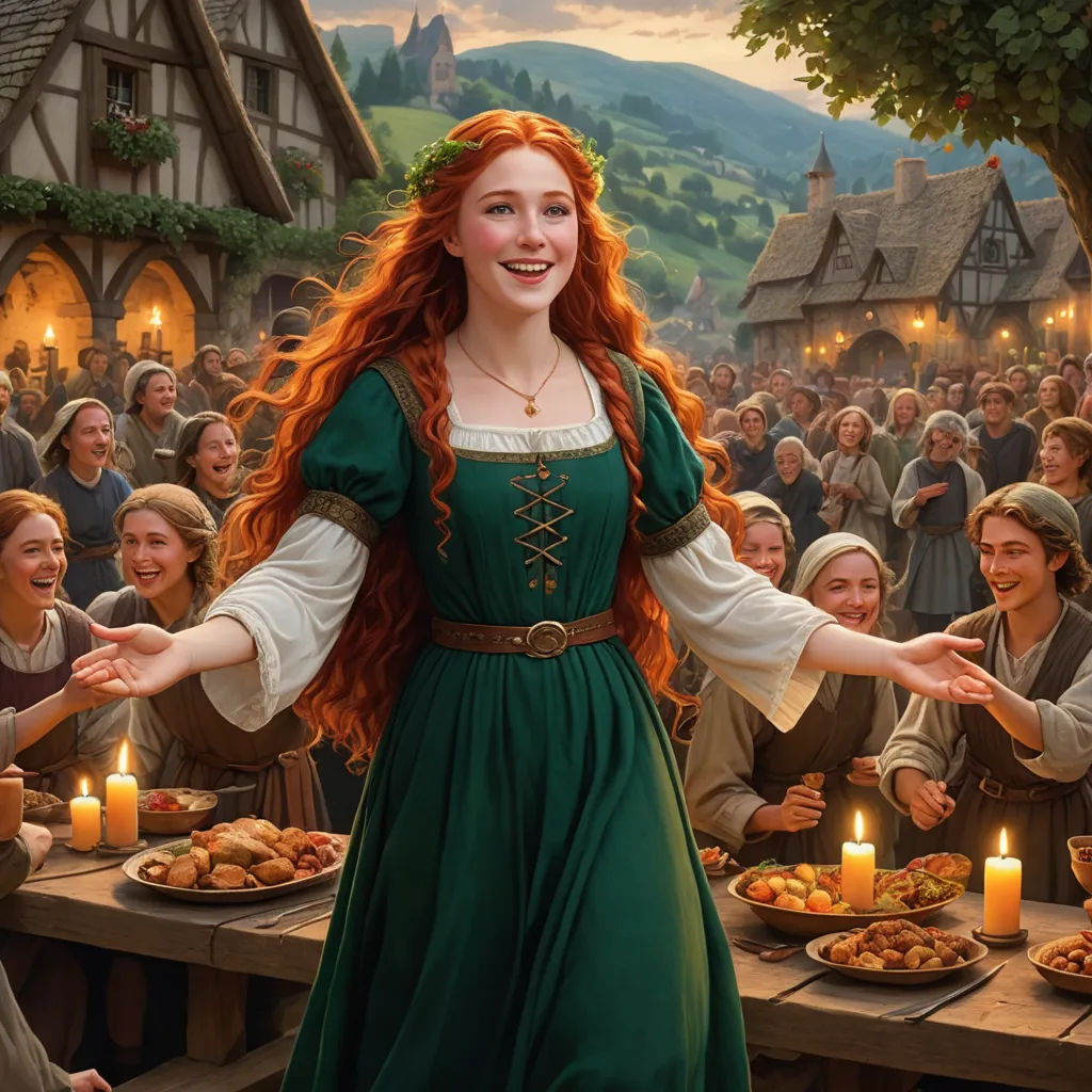 a woman in a green dress standing in front of a table full of food and candles with a crowd of people behind her, renaissance, a detailed matte painting, Dorothy Coke, official art
