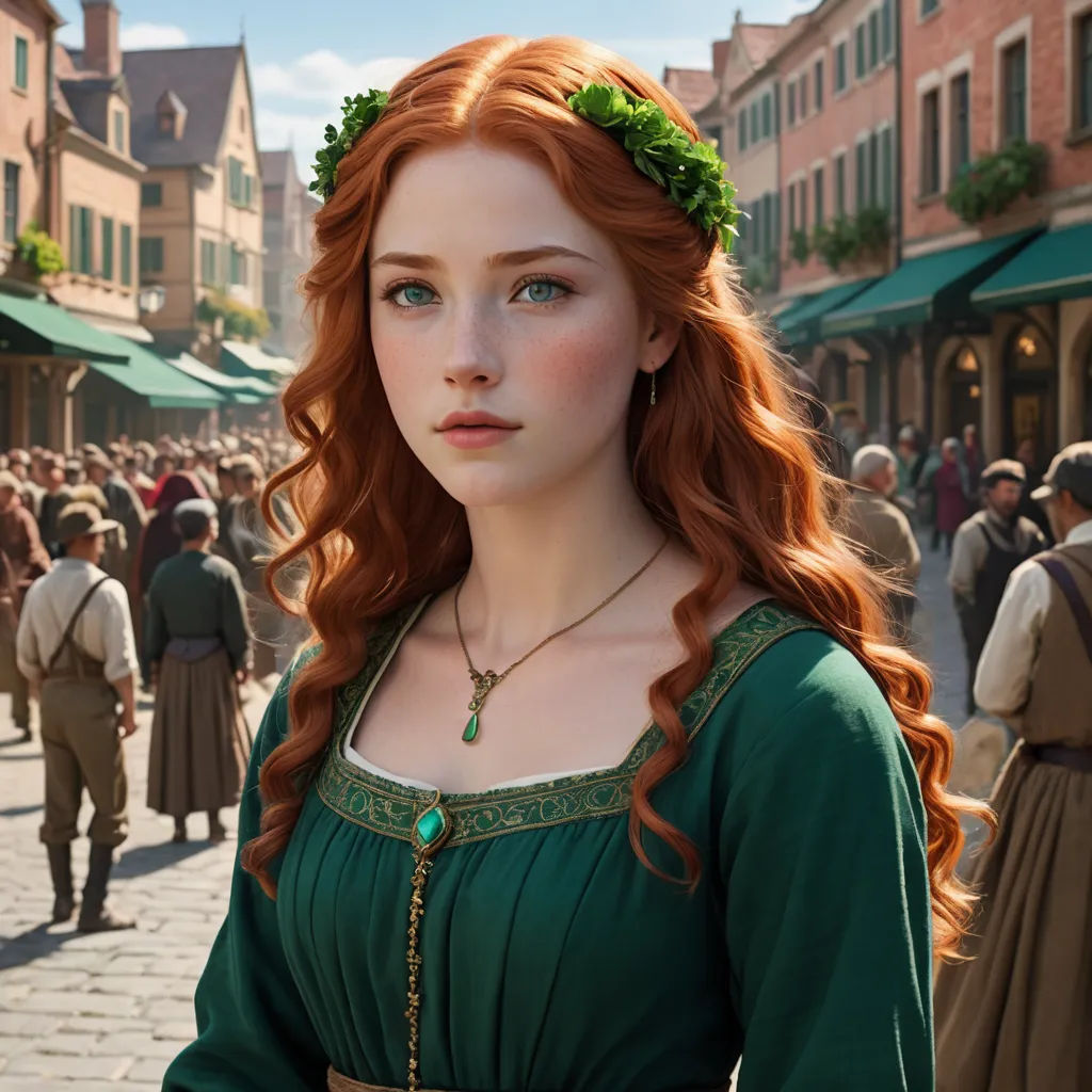 a woman in a green dress standing in a crowded street with people walking around her and a green necklace on her neck, pre-raphaelitism, a detailed matte painting, Anne Said, promotional image