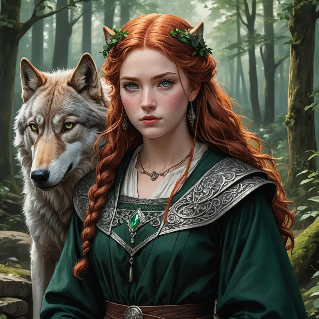 a woman with red hair and a wolf in a forest with trees and rocks, with a green dress and a wolf, fantasy art, a detailed painting, Donato Giancola, epic fantasy character art