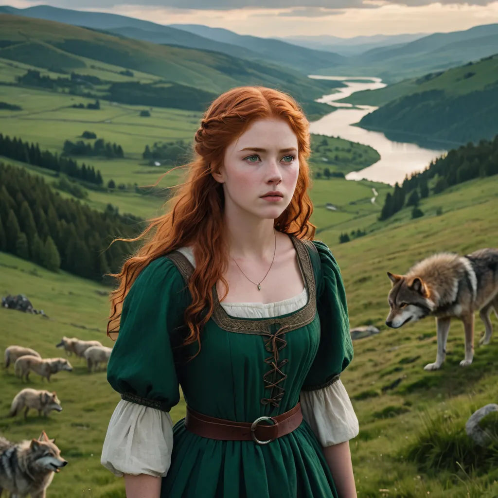 a woman in a green dress standing in a field with a wolf behind her and a river running through the valley, german romanticism, a detailed matte painting, Anne Said, promotional image