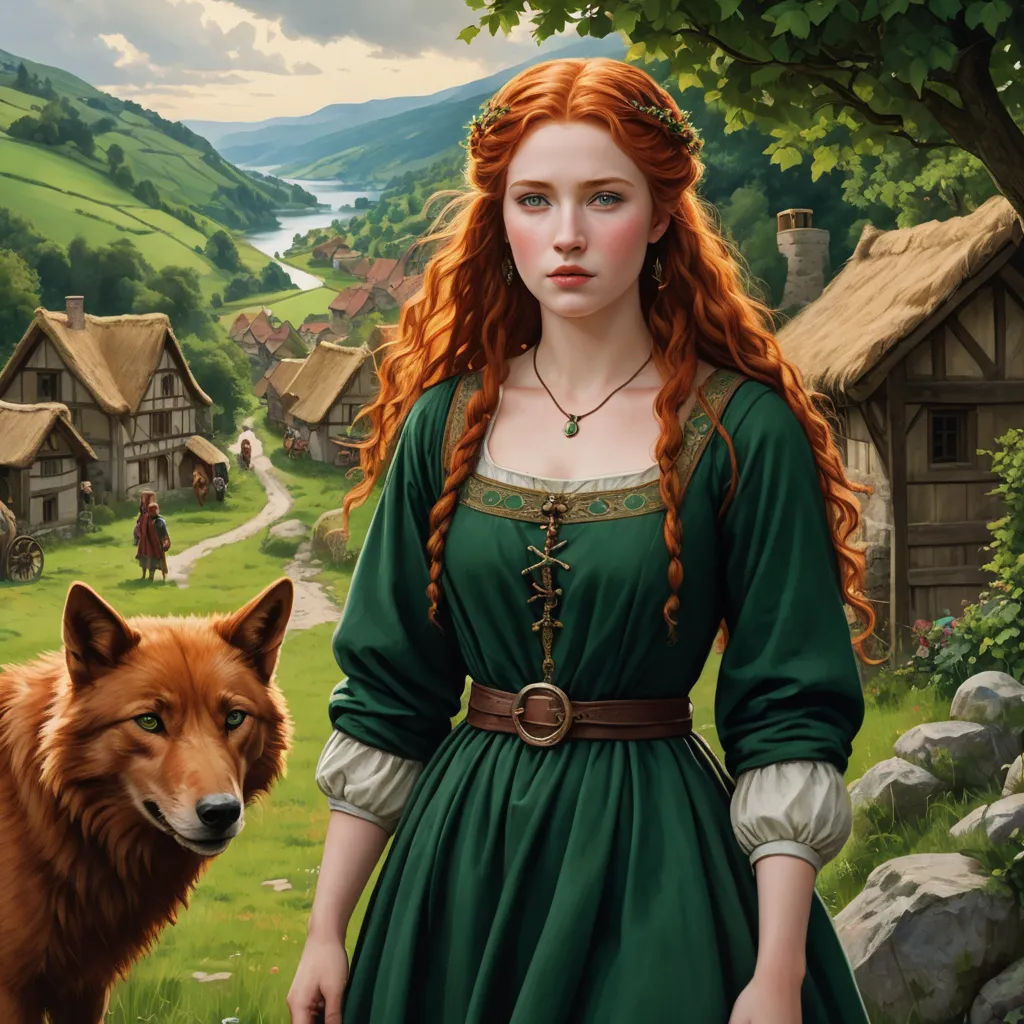 a painting of a woman and a dog in a green dress standing in front of a village with a lake, fantasy art, a detailed painting, Brothers Hildebrandt, official art