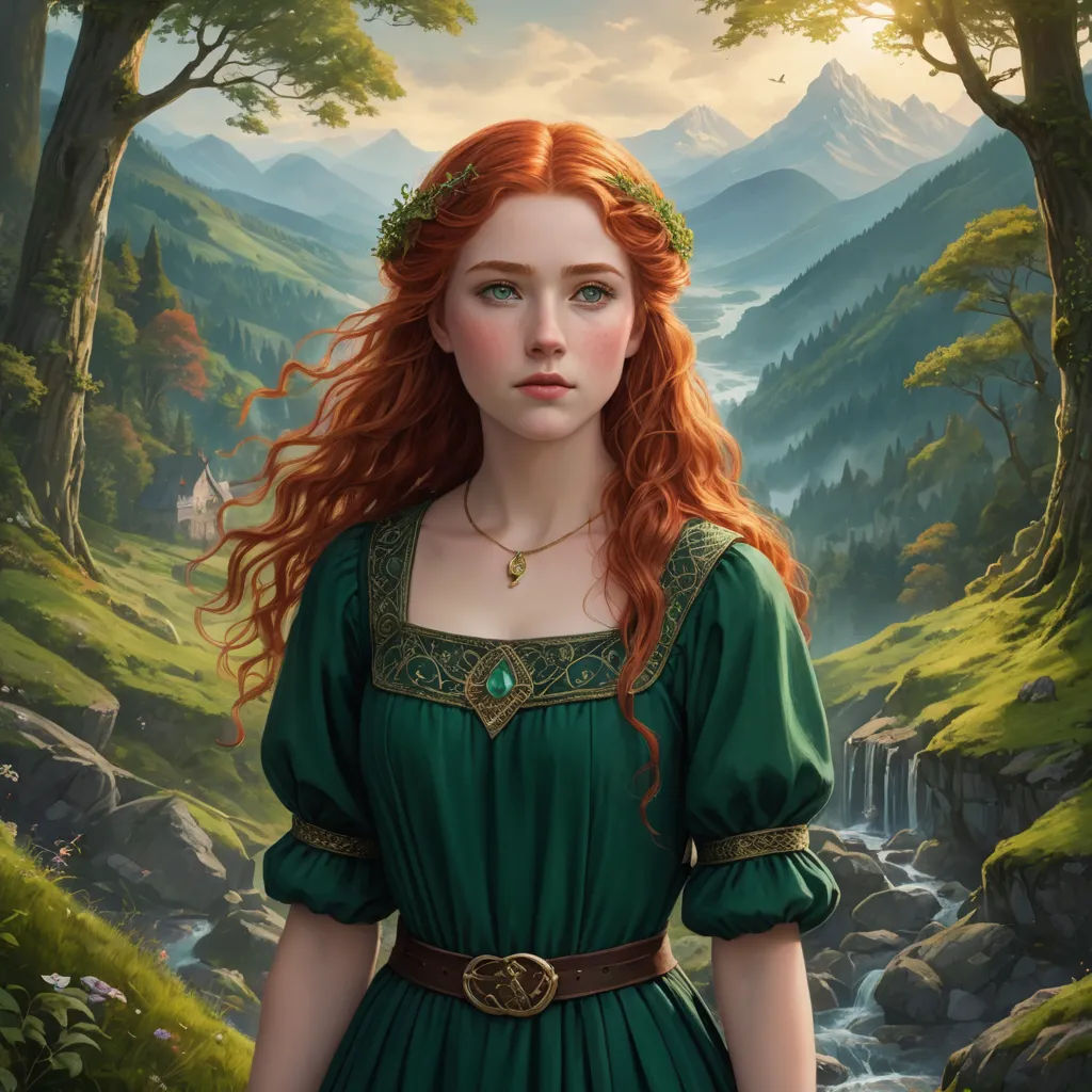 a painting of a woman in a green dress standing in a forest with a stream of water in the background, fantasy art, a detailed painting, Evaline Ness, kinkade