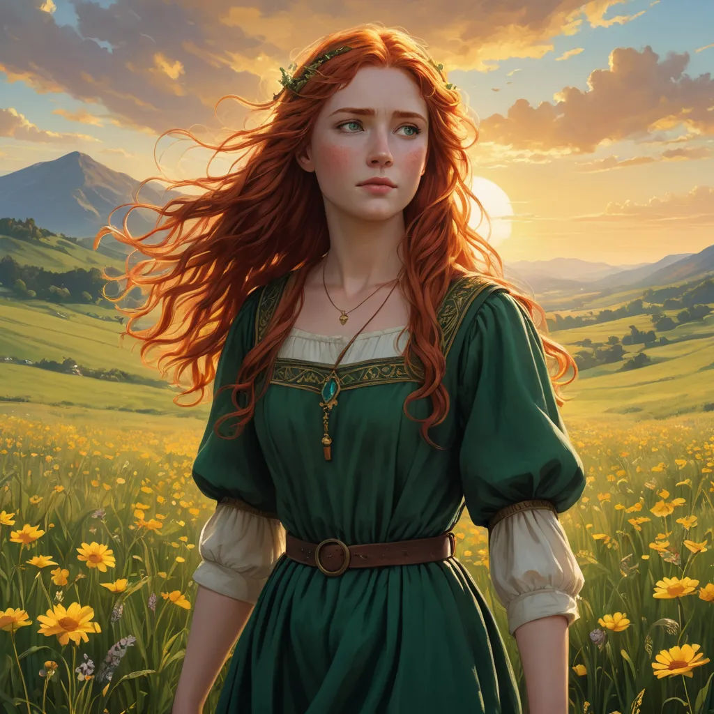 a painting of a woman in a green dress standing in a field of flowers with a mountain in the background, fantasy art, a detailed painting, Donato Giancola, magic the gathering artwork