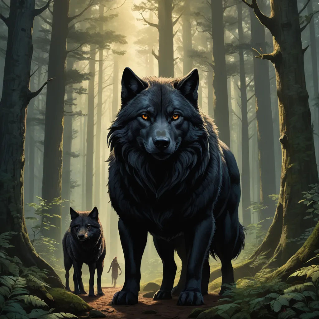 a couple of black wolf standing in a forest next to each other on a dirt road with a person walking behind them, furry art, a storybook illustration, Dan Mumford, comic cover art