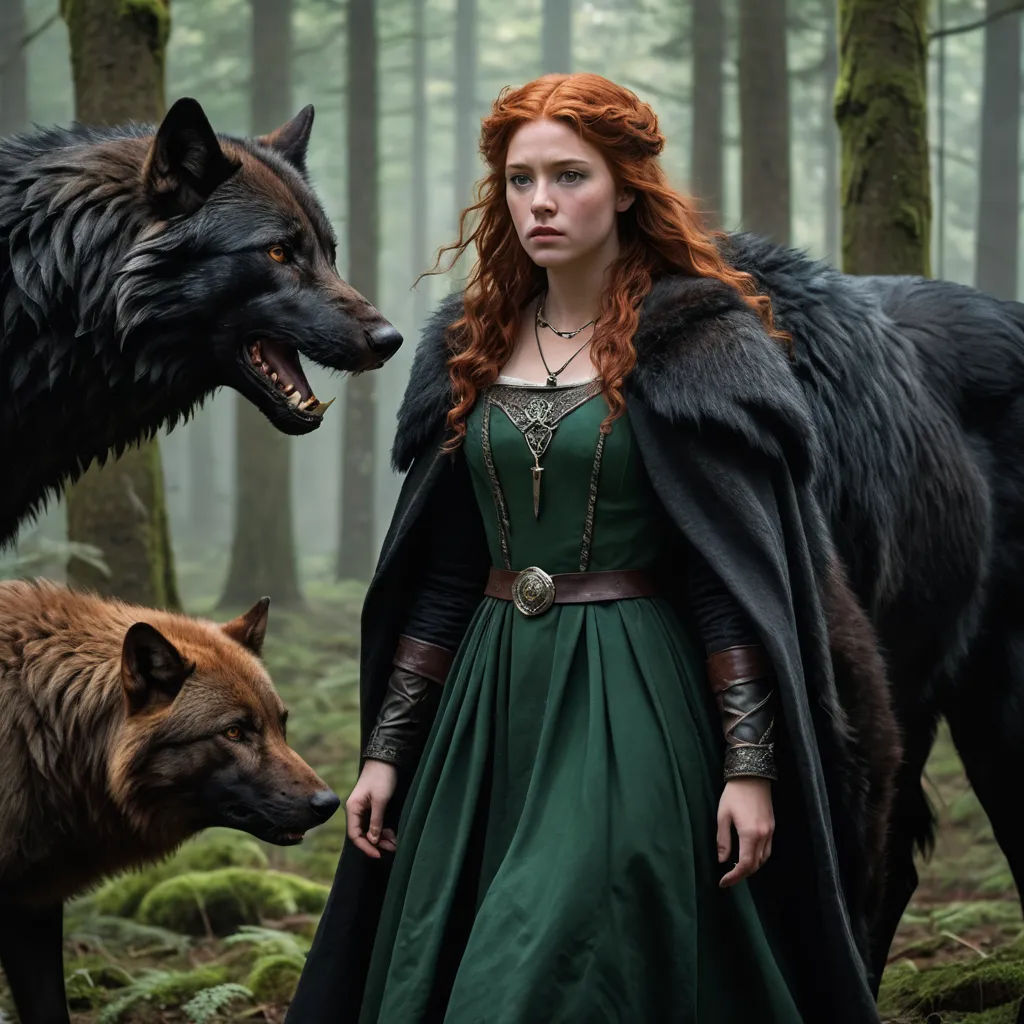 a woman in a green dress standing next to two wolfs in a forest with trees and grass behind her, furry art, a detailed matte painting, Elinor Proby Adams, promotional image