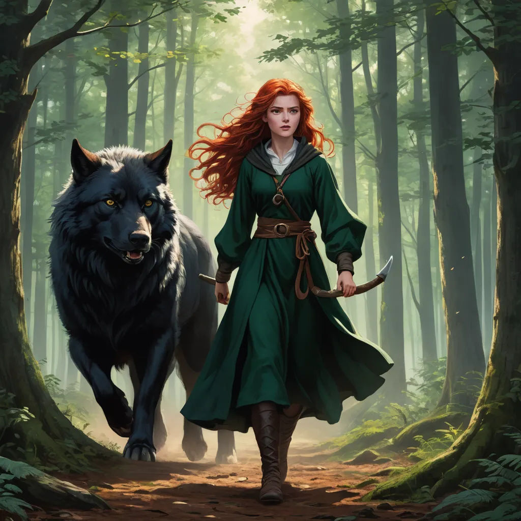 a woman in a green dress walking with a wolf in a forest with trees and leaves on either side, fantasy art, a character portrait, Chris Rallis, magic the gathering artwork