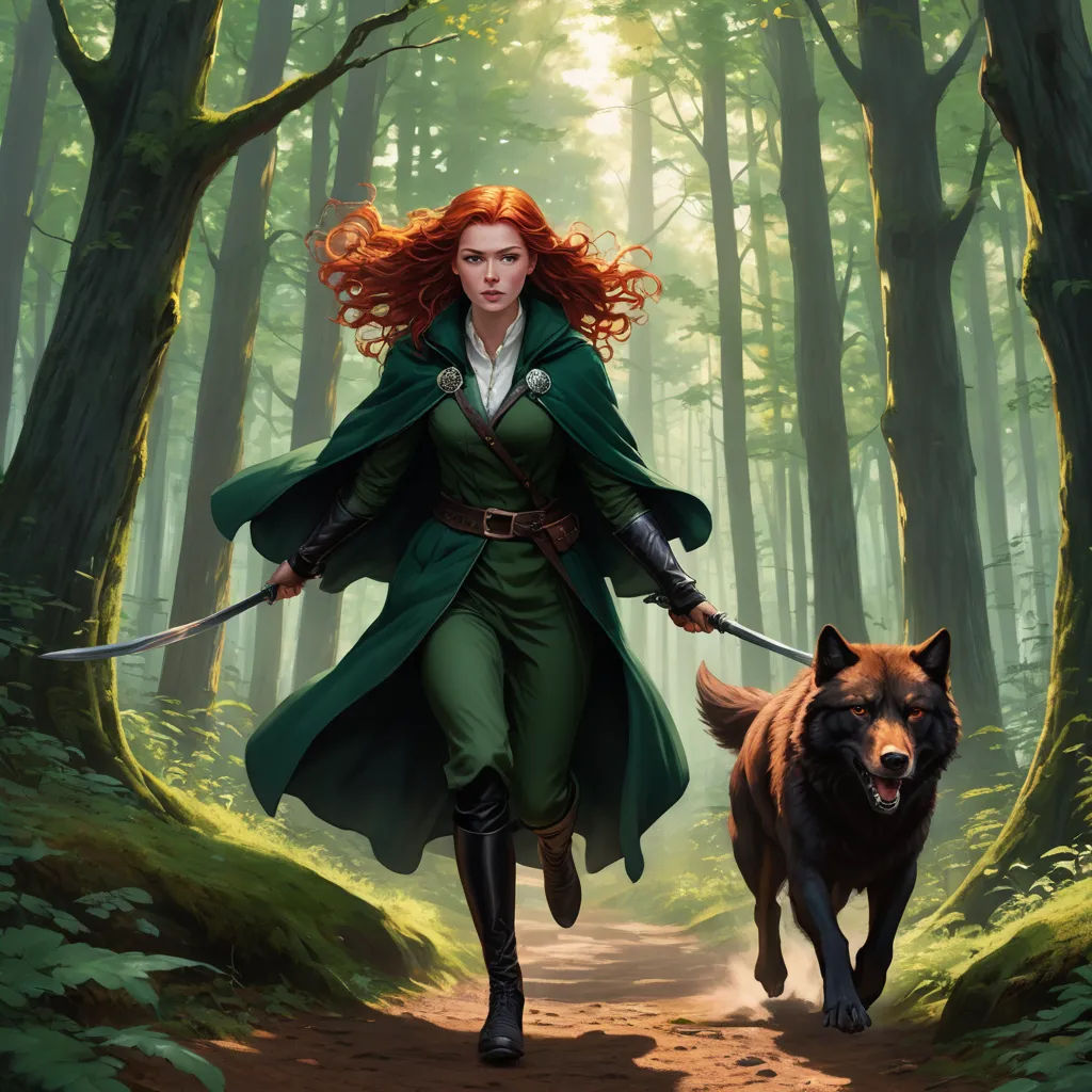a woman in a green coat is walking with a wolf in a forest with trees and grass, and a red - haired dog is running behind her, altermodern, a character portrait, Clint Cearley, magic the gathering artwork