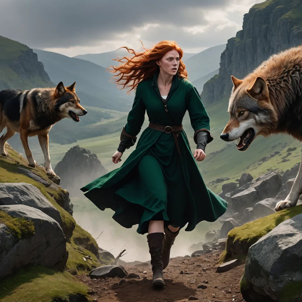 a woman in a green dress is walking with two wolfs on a mountain side, with a mountain in the background, fantasy art, a detailed matte painting, Annie Leibovitz, promotional image