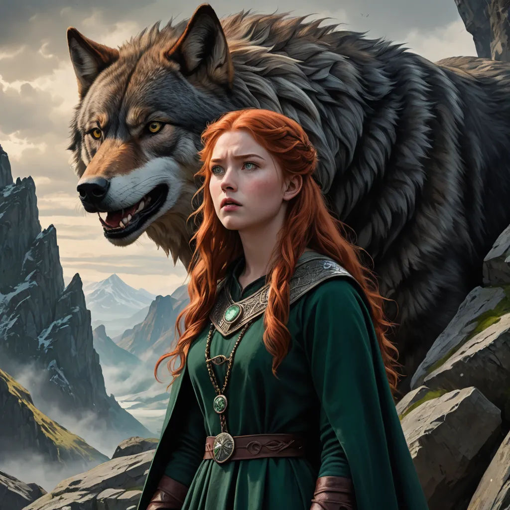 a woman in a green dress standing next to a wolf on a mountain side with a cloudy sky behind her, fantasy art, a detailed matte painting, Clint Cearley, promotional image