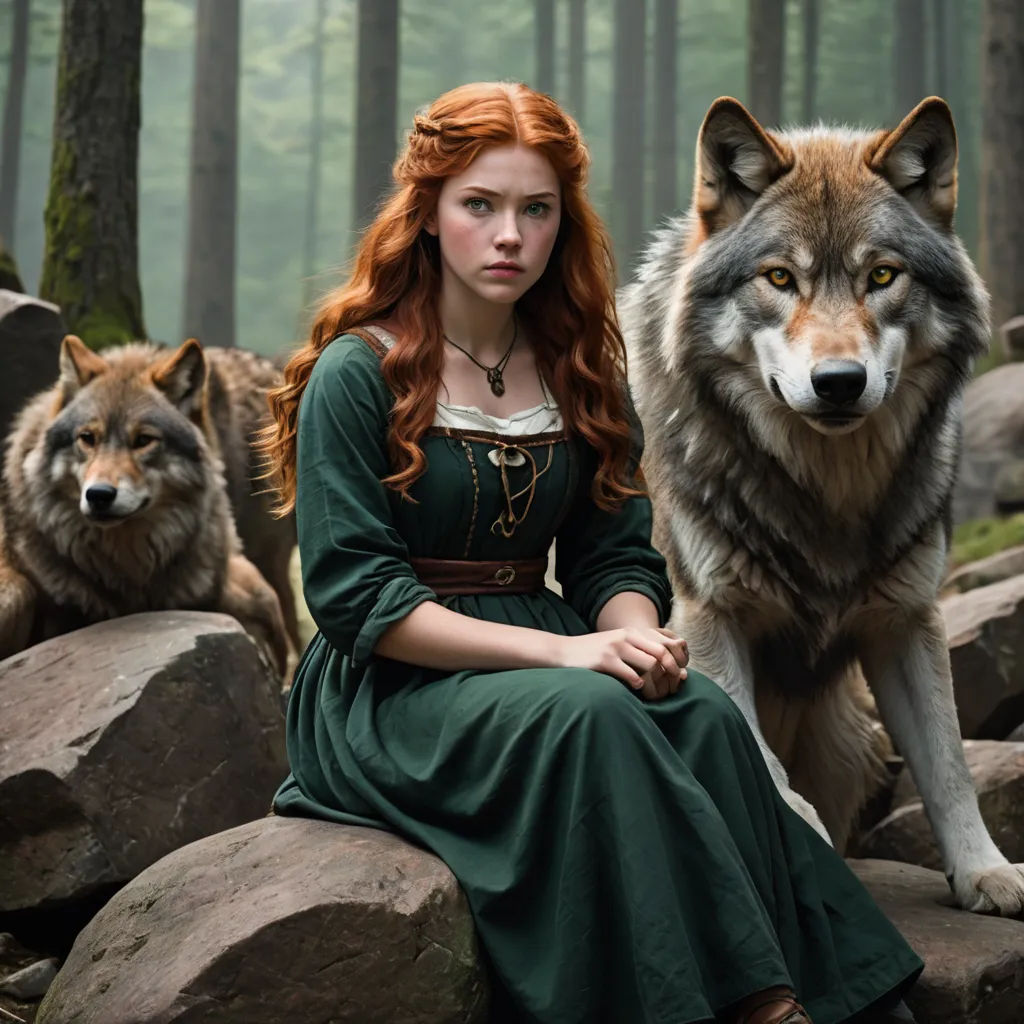 a woman sitting on a rock with two wolfs behind her in a forest setting with rocks and trees, furry art, a colorized photo, Elinor Proby Adams, promotional image