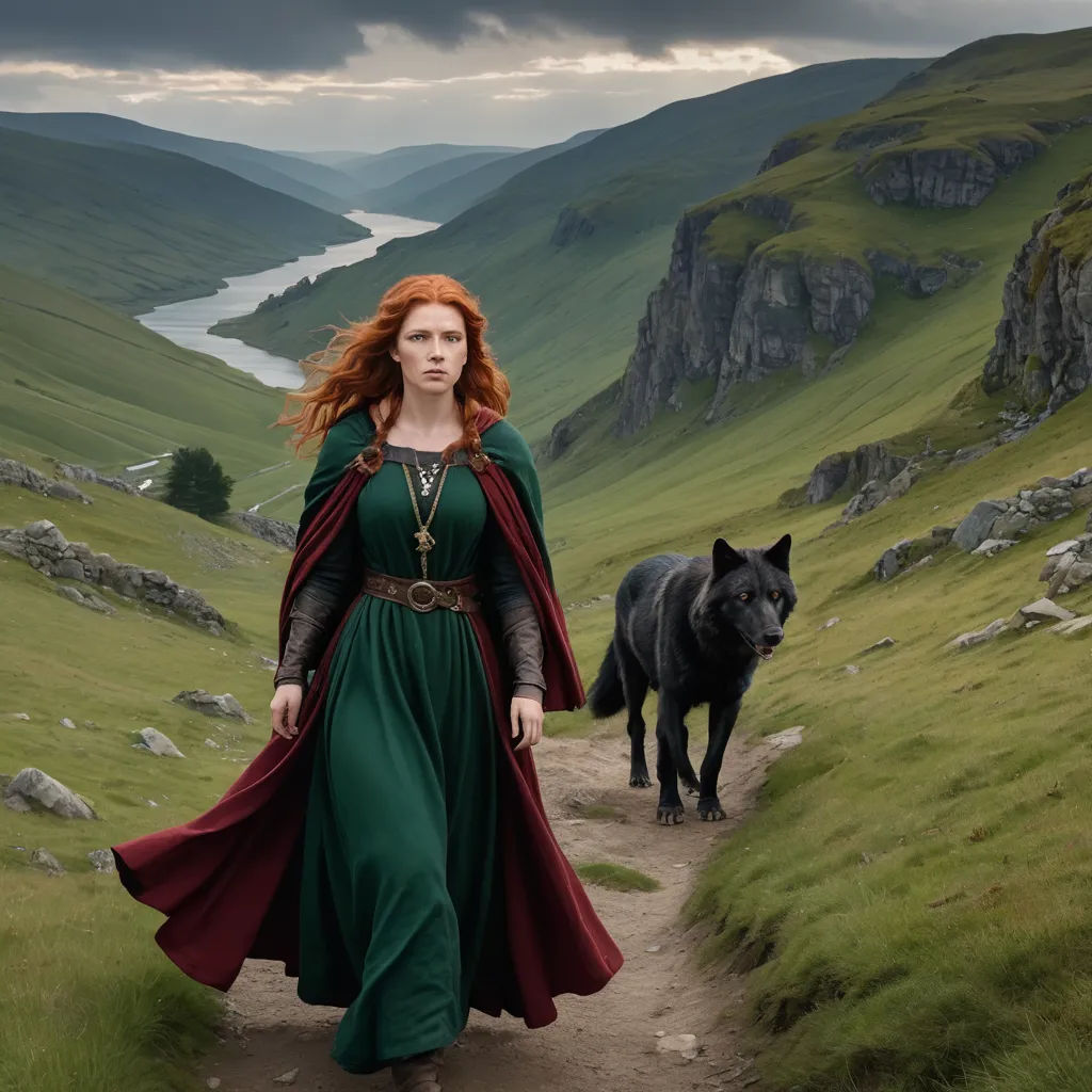a woman in a green dress walking with a black dog on a path in a mountainous area with a river in the distance, pre-raphaelitism, a detailed matte painting, Annie Leibovitz, promotional image