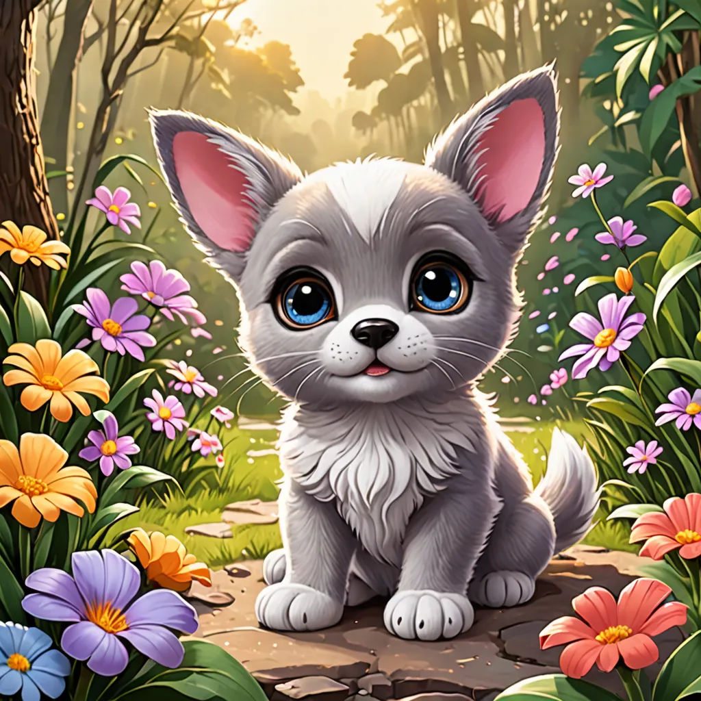 a painting of a little gray kitten sitting in a forest with flowers and trees in the background, with a sun shining through the trees, sots art, a character portrait, Anne Stokes, game art