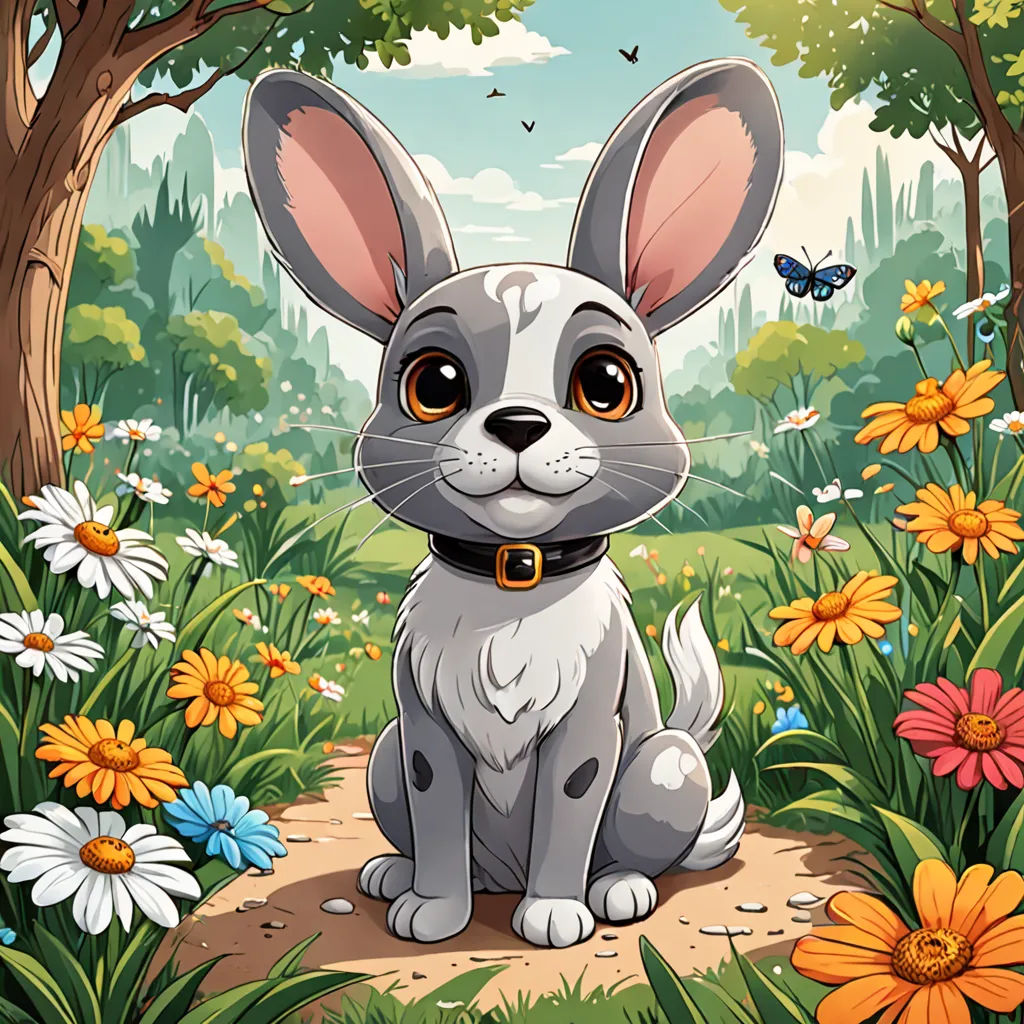 a cartoon rabbit sitting in a field of flowers and daisies with a butterfly flying overhead in the background, furry art, a character portrait, David Brewster, behance hd